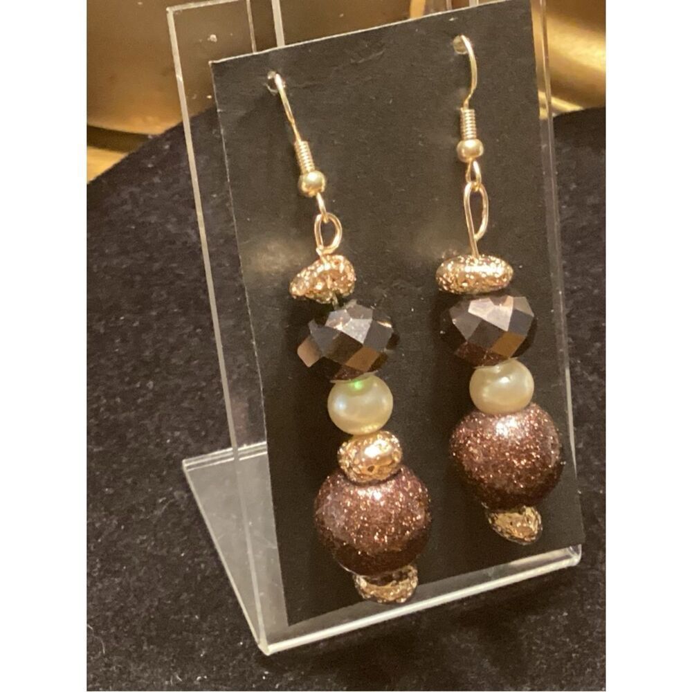 NWOT Gold-Tone Brown Glitter Bead Dangle Earrings